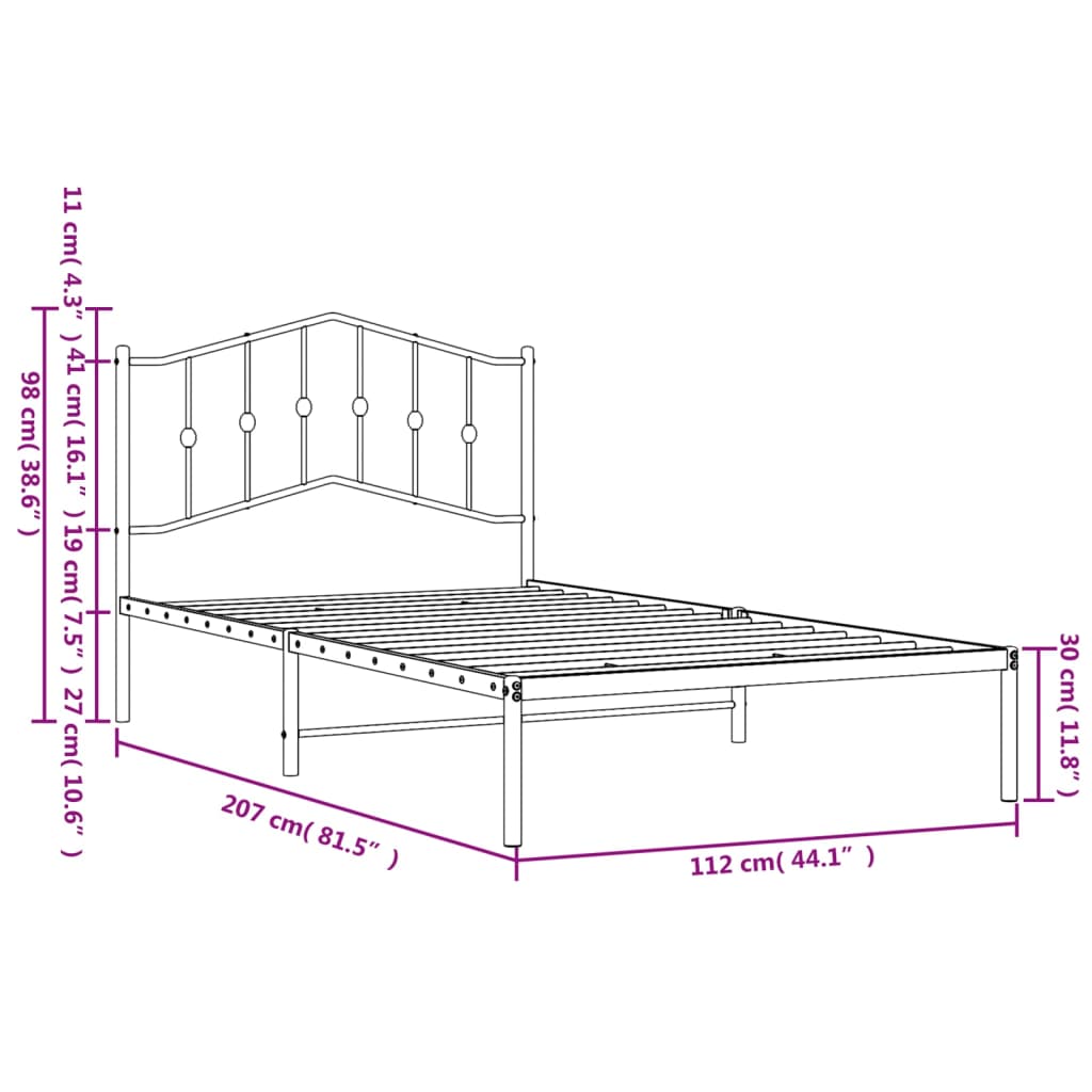 Cadre de lit métal sans matelas avec tête de lit noir 107x203cm - XIOS