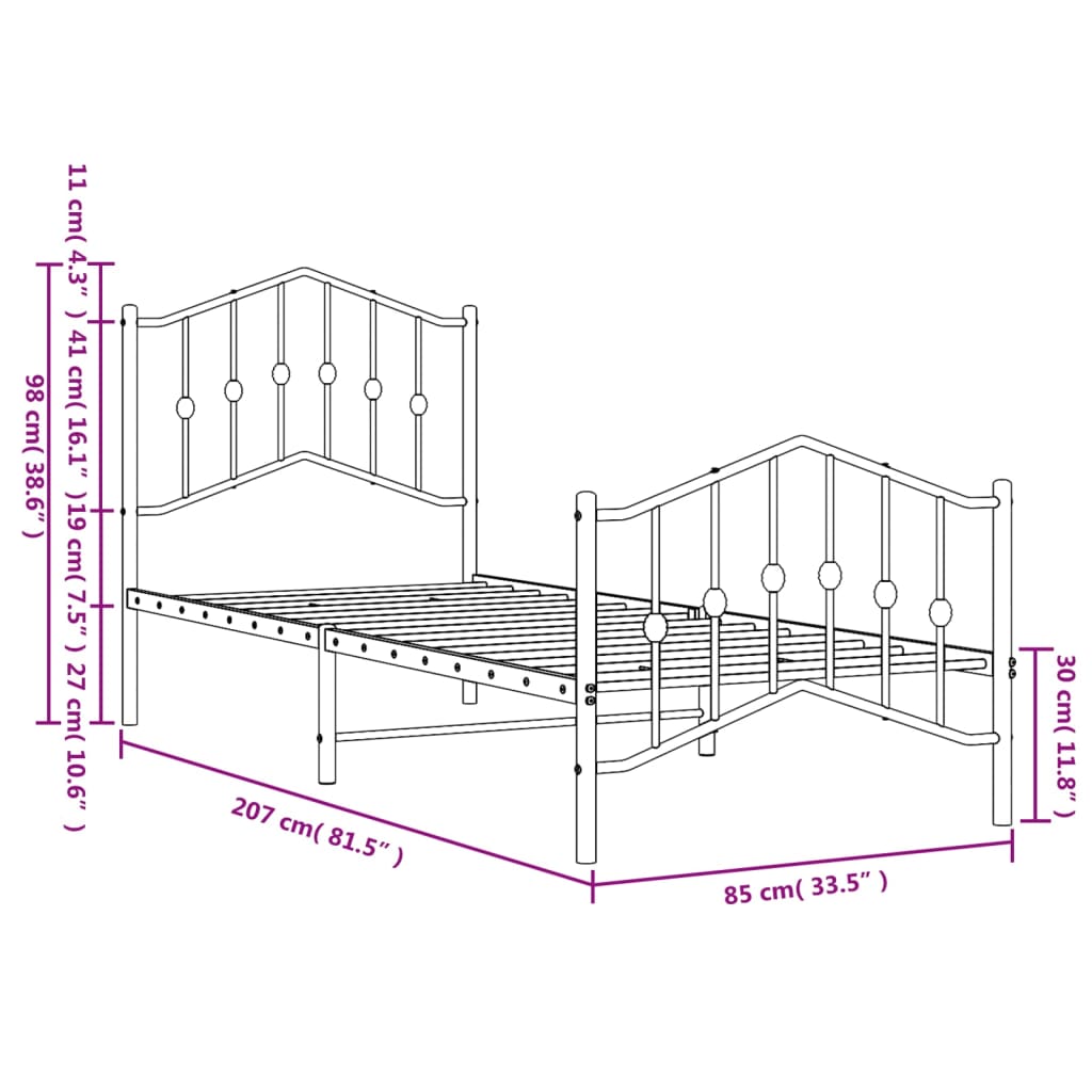 Cadre de lit métal sans matelas avec pied de lit noir 80x200 cm - XIOS