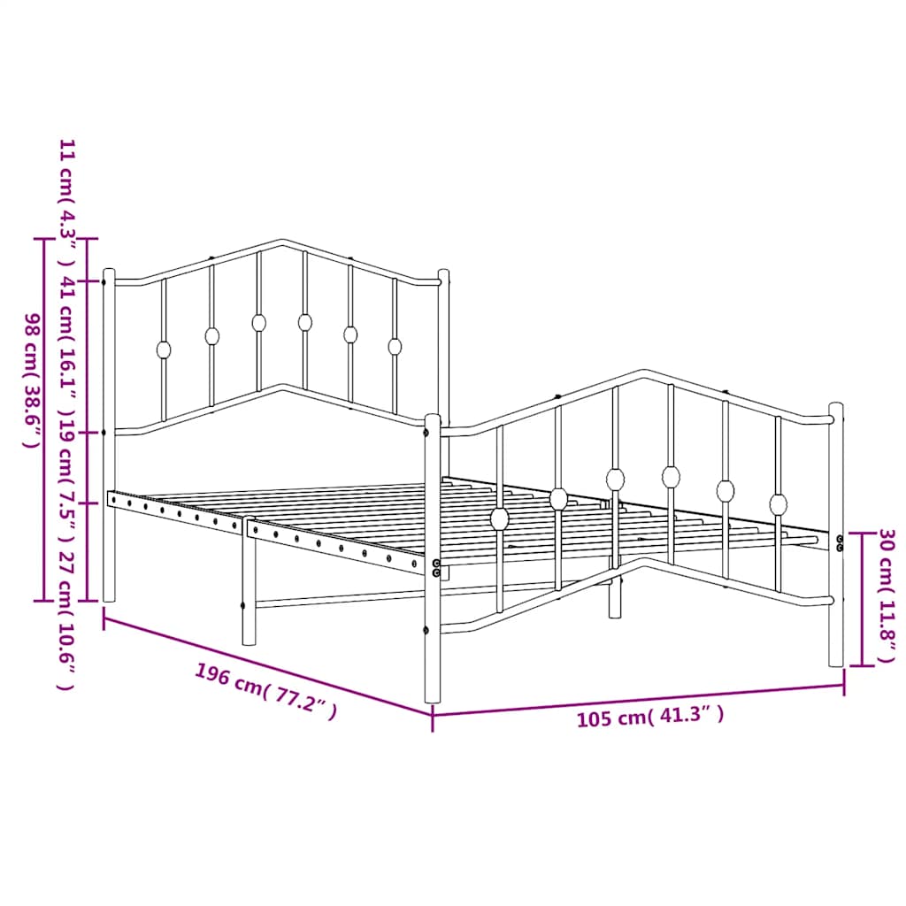 Cadre de lit métal sans matelas et pied de lit blanc 100x190 cm - XIOS