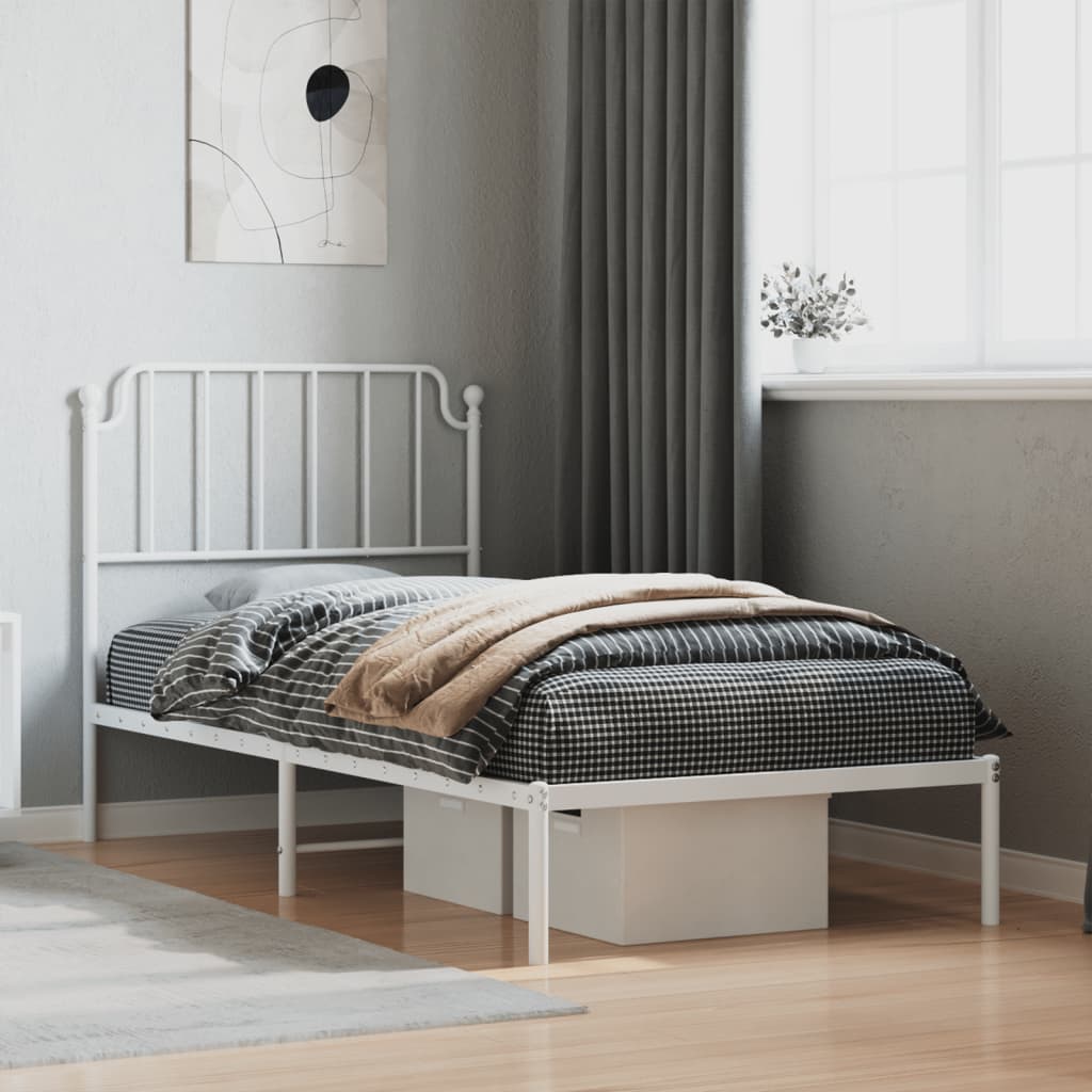 Cadre de lit métal sans matelas avec tête de lit blanc 90x200cm