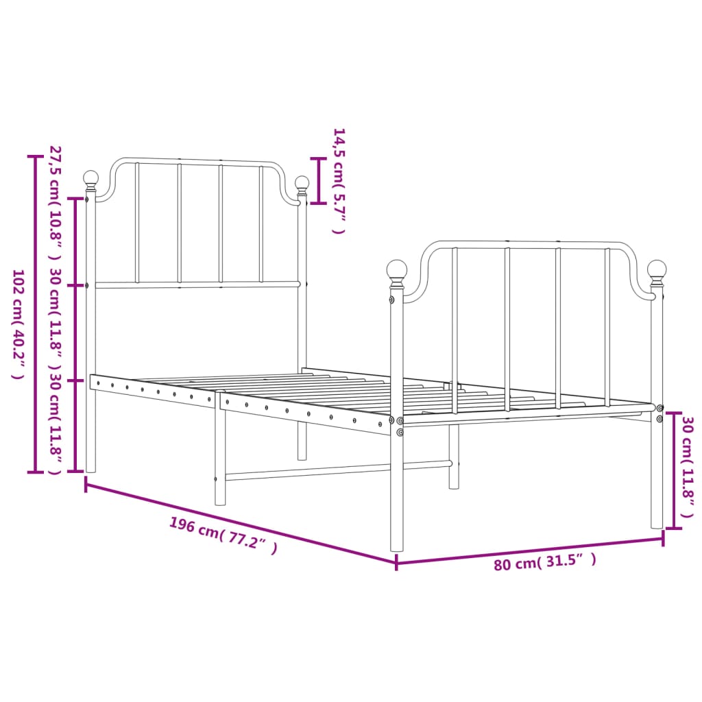 Cadre de lit métal sans matelas avec pied de lit blanc 75x190cm - XIOS