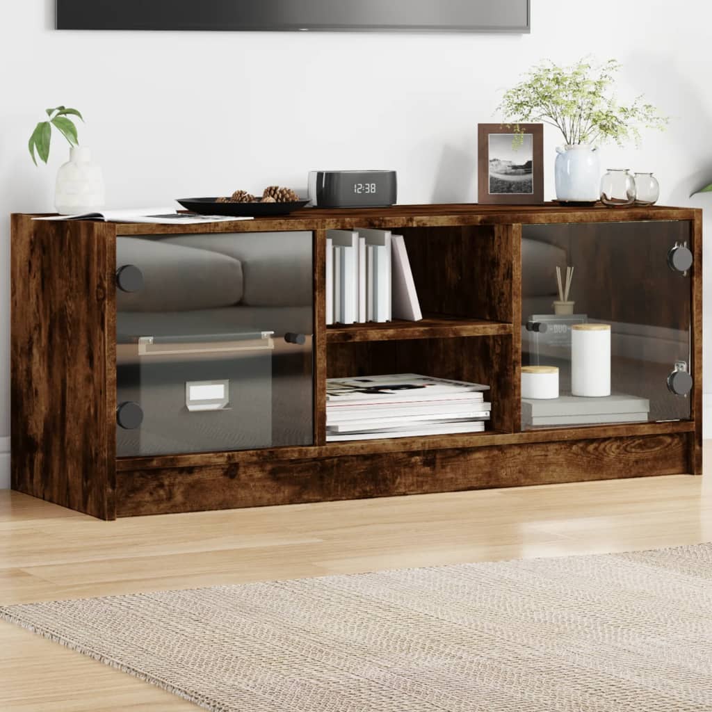 Meuble TV avec portes en verre chêne fumé 102x37x42 cm - XIOS