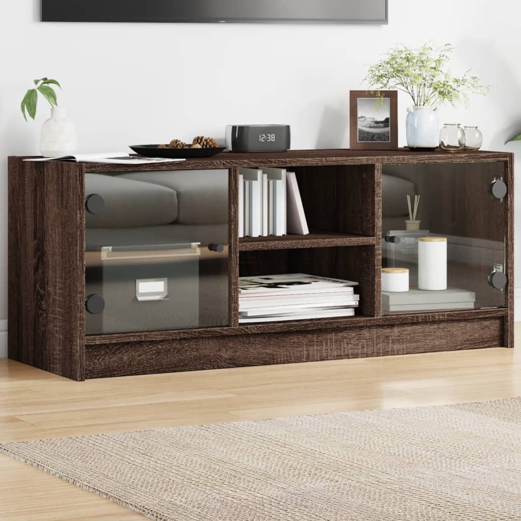 Meuble TV avec portes en verre chêne marron 102x37x42 cm - XIOS