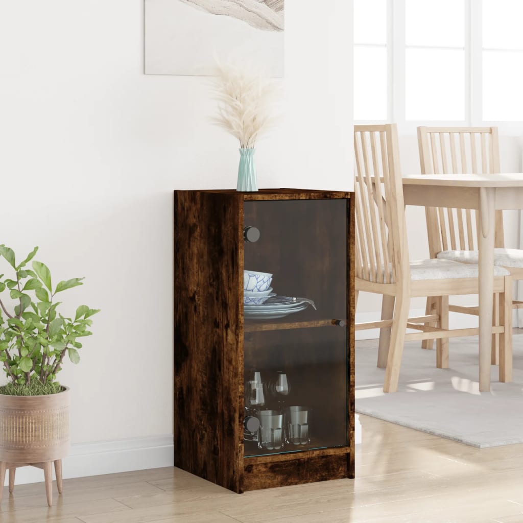 Armoire latérale avec portes en verre chêne fumé 35x37x75,5 cm - XIOS