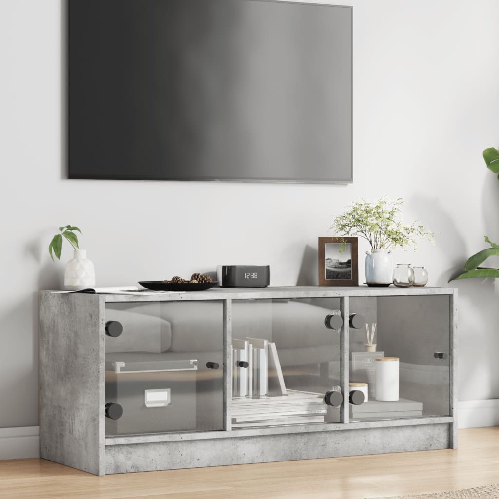 Meuble TV avec portes en verre gris béton 102x37x42 cm - XIOS