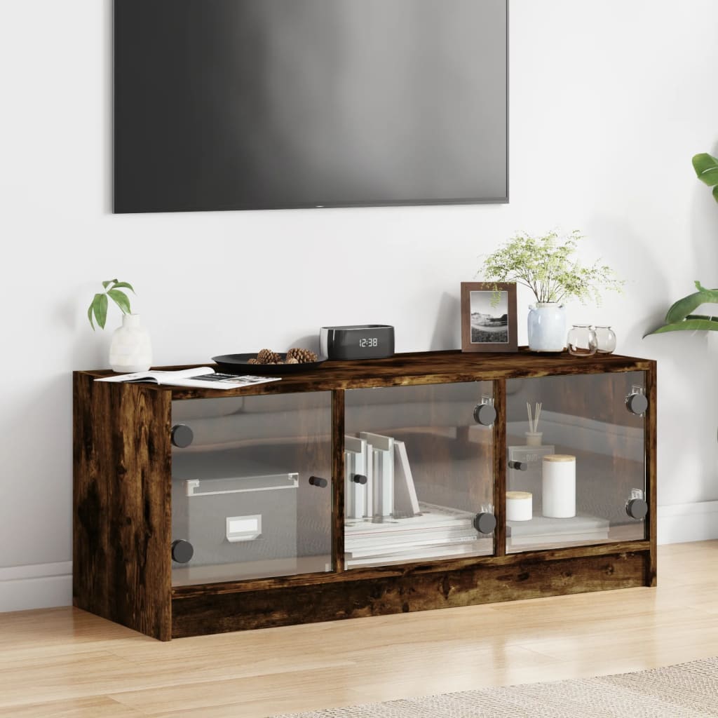 Meuble TV avec portes en verre chêne fumé 102x37x42 cm - XIOS