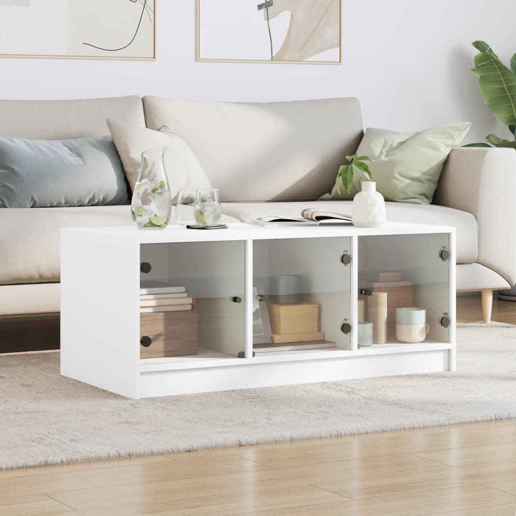 Table basse avec portes en verre blanc 102x50x42 cm - XIOS