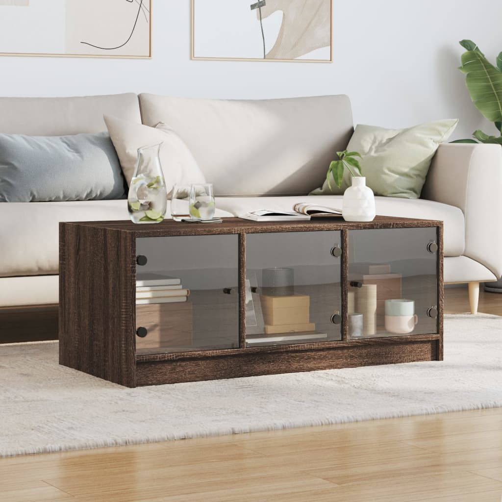 Table basse avec portes en verre chêne marron 102x50x42 cm - XIOS