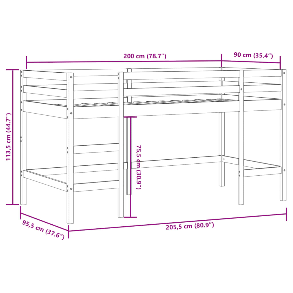 Lit mezzanine d'enfants sans matelas avec échelle 90x200 cm - XIOS