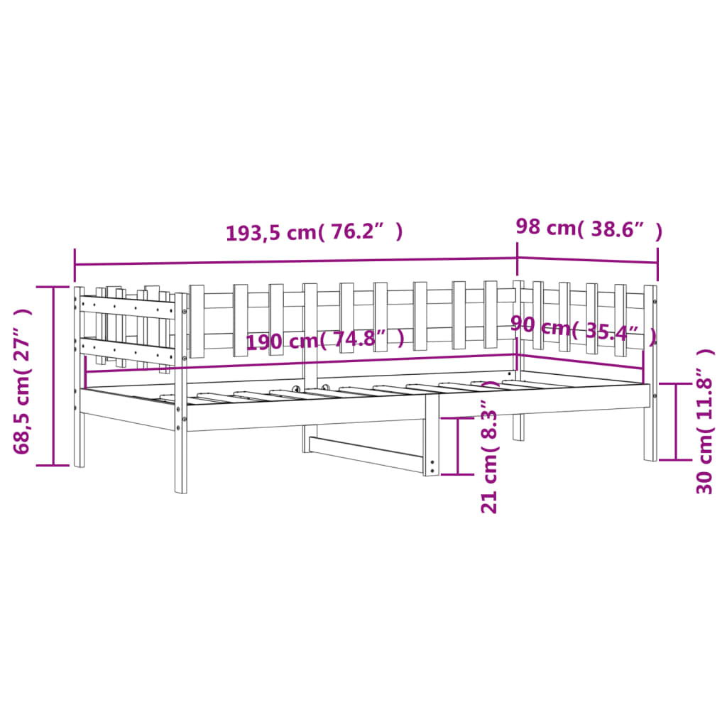 Lit de jour sans matelas noir 90x190 cm bois de pin massif - XIOS