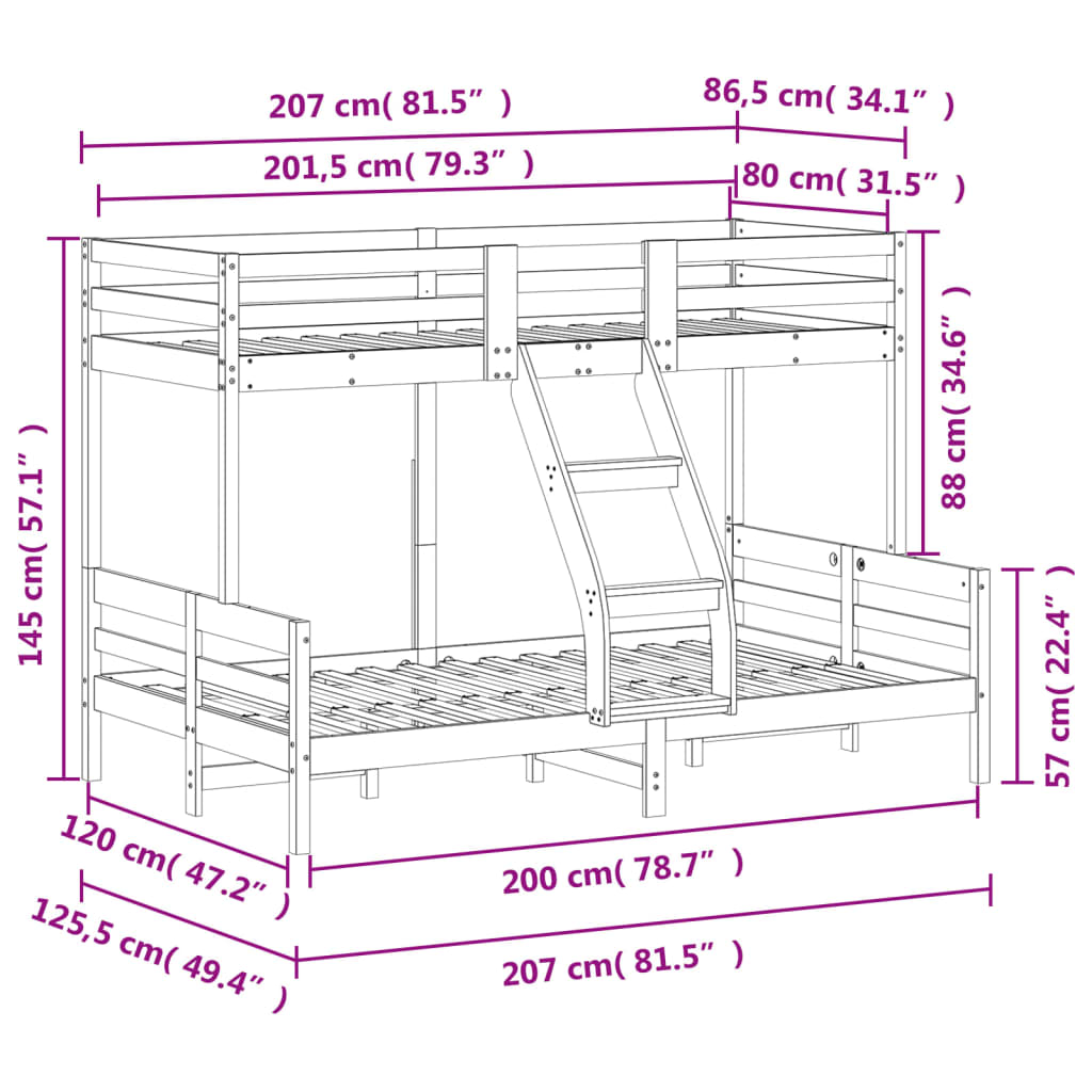 Lit superposé sans matelas 80x200/120x200 cm bois massif - XIOS