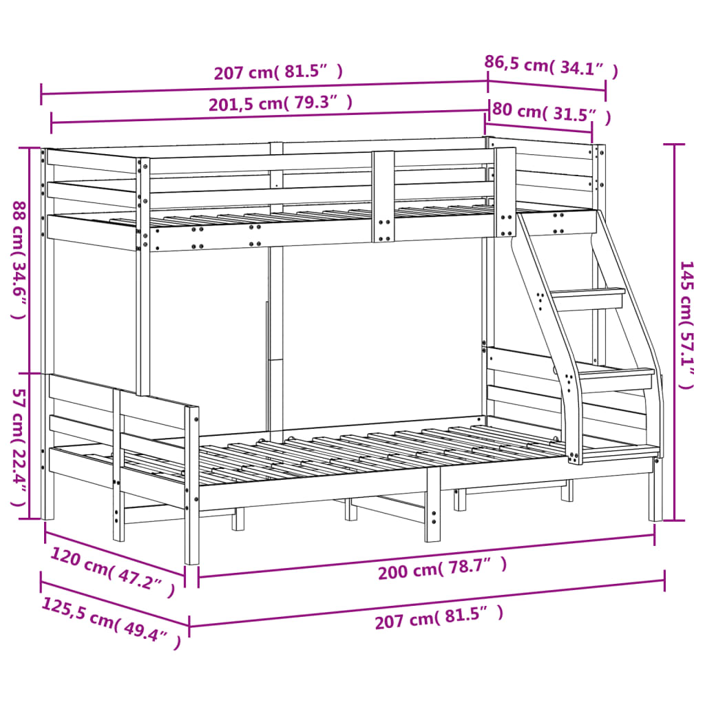 Lit superposé sans matelas 80x200/120x200 cm bois massif - XIOS