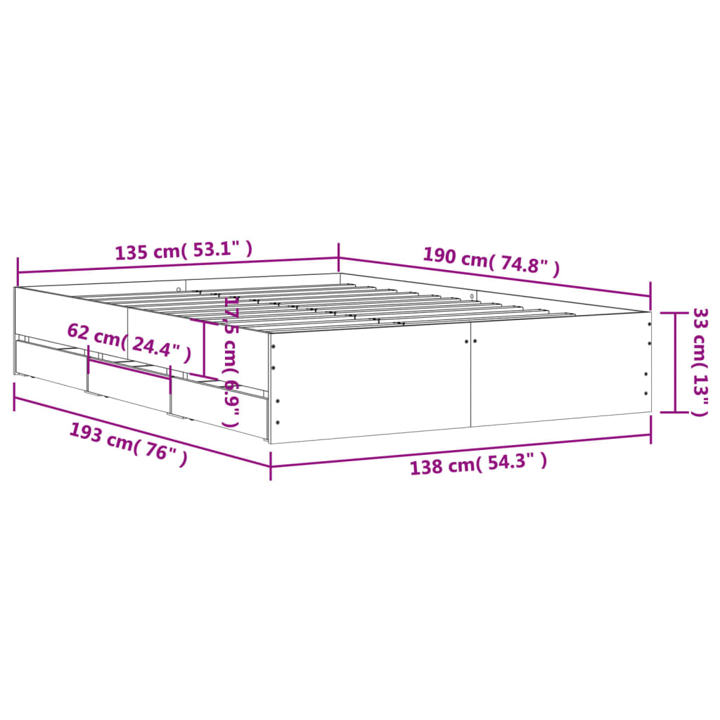 Cadre de lit avec tiroirs sans matelas gris béton 135x190 cm - XIOS