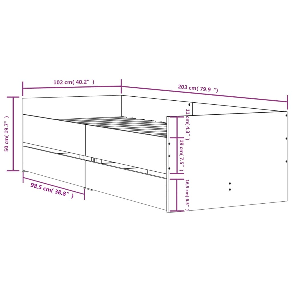 Cadre de lit avec tiroirs sans matelas gris béton 100x200 cm - XIOS