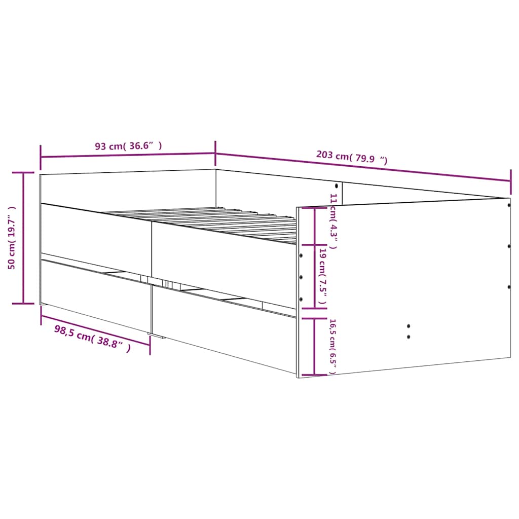 Cadre de lit avec tiroirs sans matelas chêne fumé 90x200 cm - XIOS