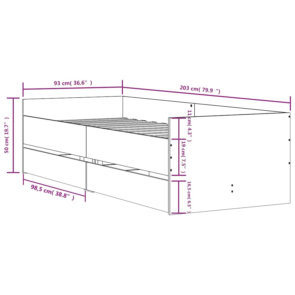 Cadre de lit avec tiroirs sans matelas sonoma gris 90x200 cm - XIOS