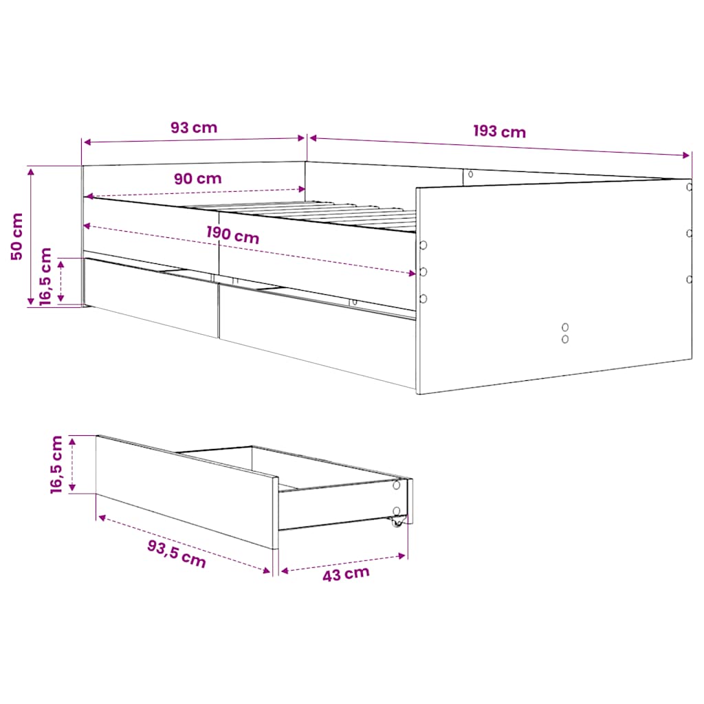 Cadre de lit avec tiroirs sans matelas chêne marron 90x190 cm - XIOS