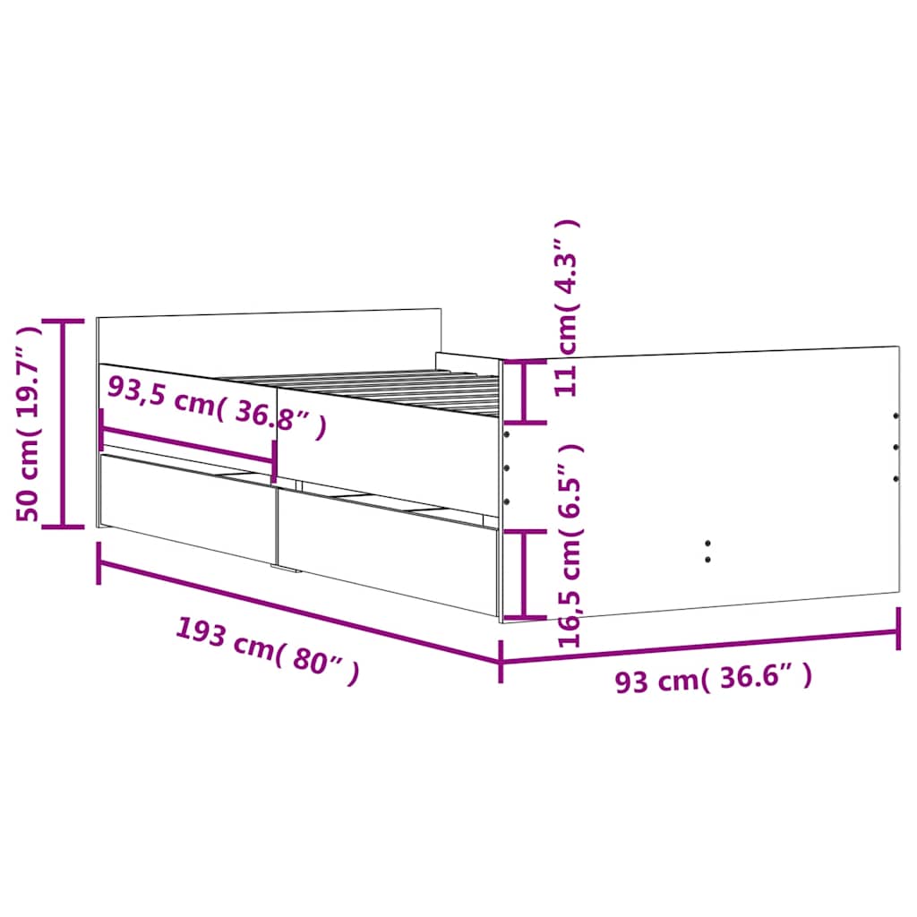 Cadre de lit avec tiroirs sans matelas chêne sonoma 90x190 cm - XIOS