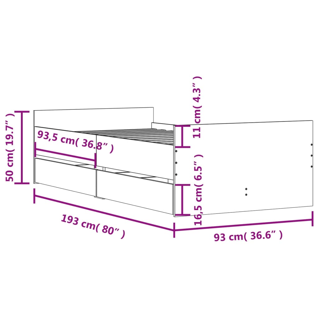 Cadre de lit avec tiroirs sans matelas sonoma gris 90x190 cm - XIOS