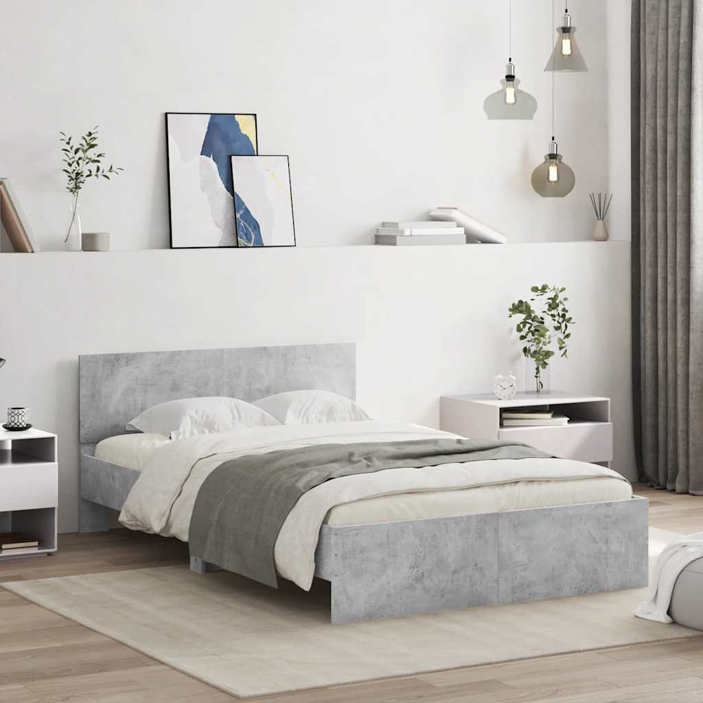 Cadre de lit avec tête de lit et LED gris béton 135x190 cm - XIOS