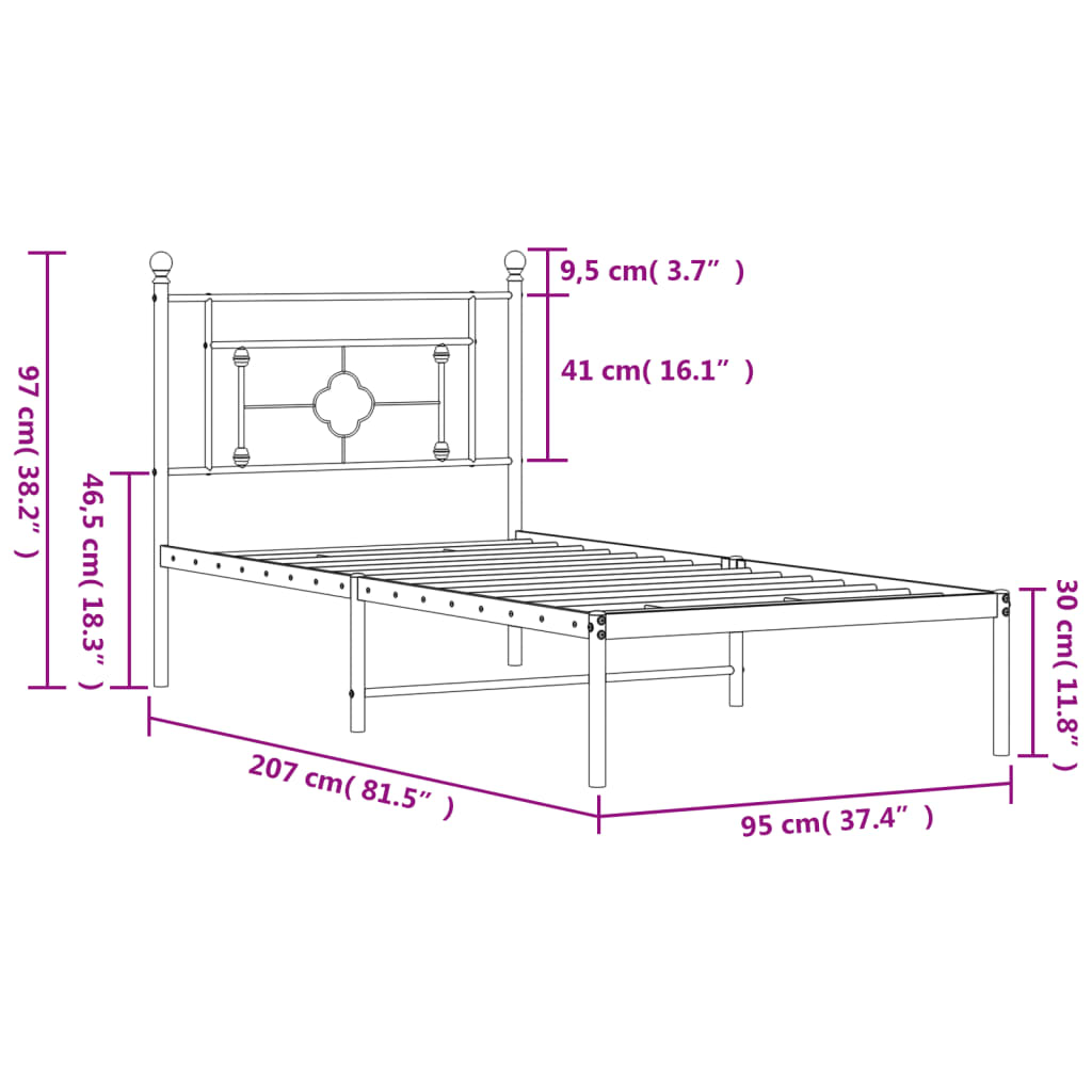 Cadre de lit métal sans matelas avec tête de lit noir 90x200 cm - XIOS