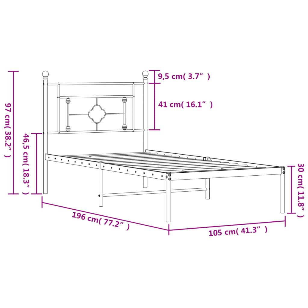 Cadre de lit métal sans matelas avec tête de lit noir 100x190cm - XIOS