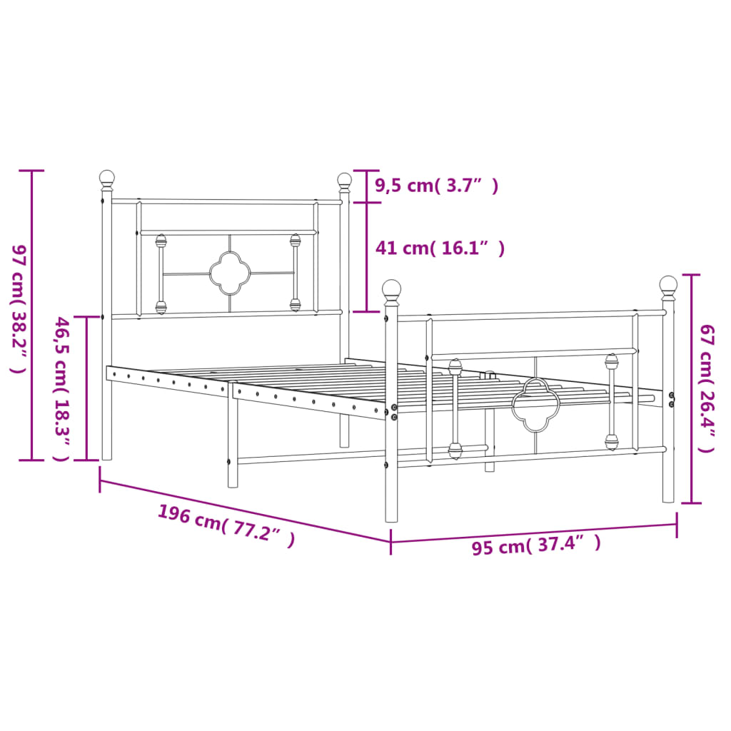 Cadre de lit métal sans matelas avec pied de lit noir 90x190 cm - XIOS