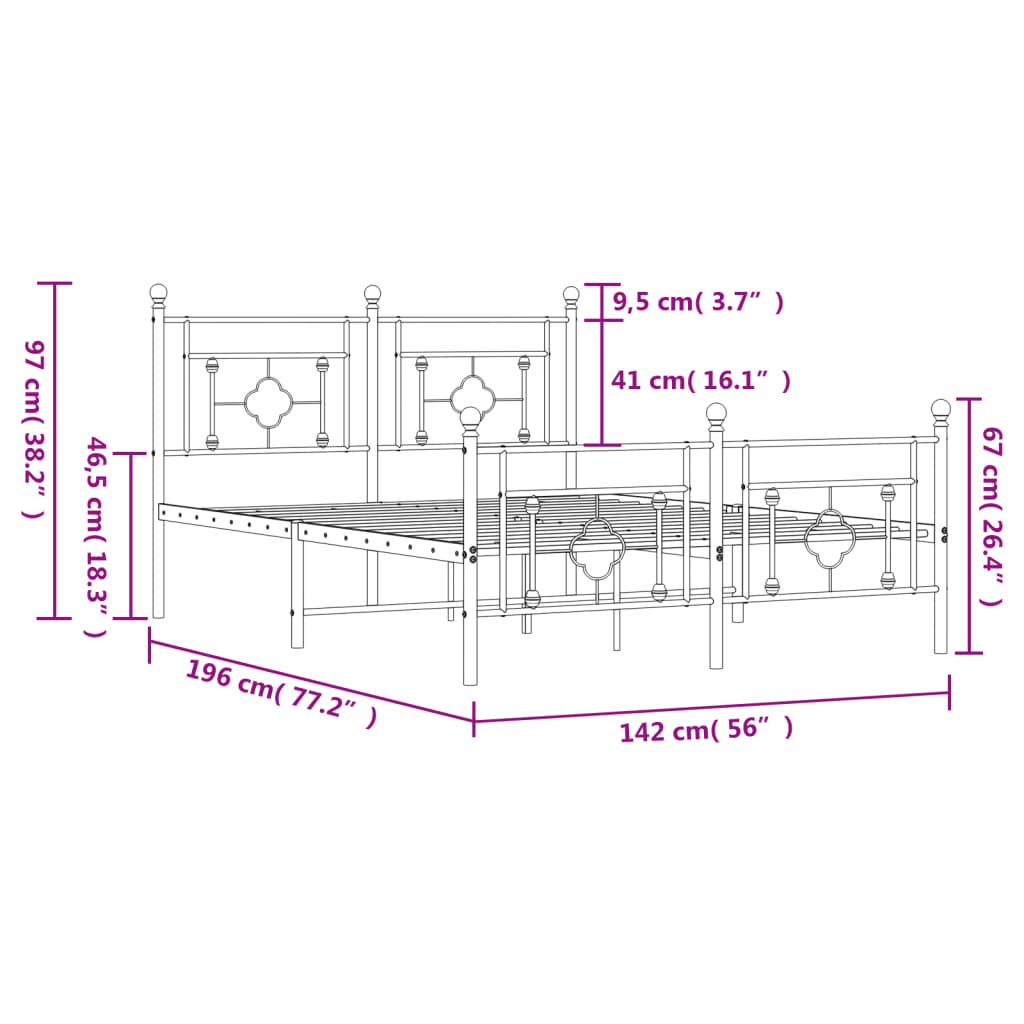 Cadre de lit métal sans matelas avec pied de lit noir 135x190cm - XIOS