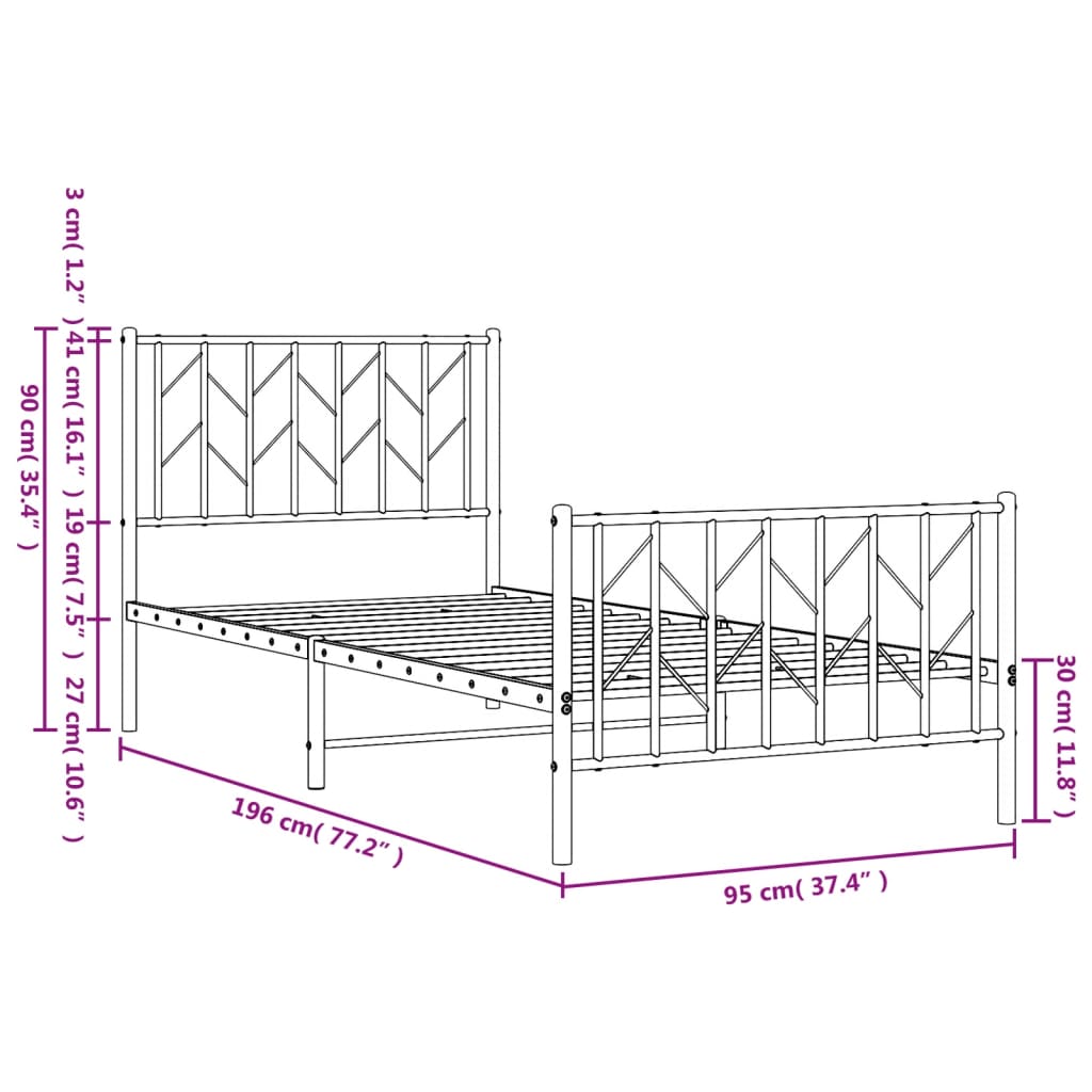 Cadre de lit métal sans matelas avec pied de lit noir 90x190 cm - XIOS