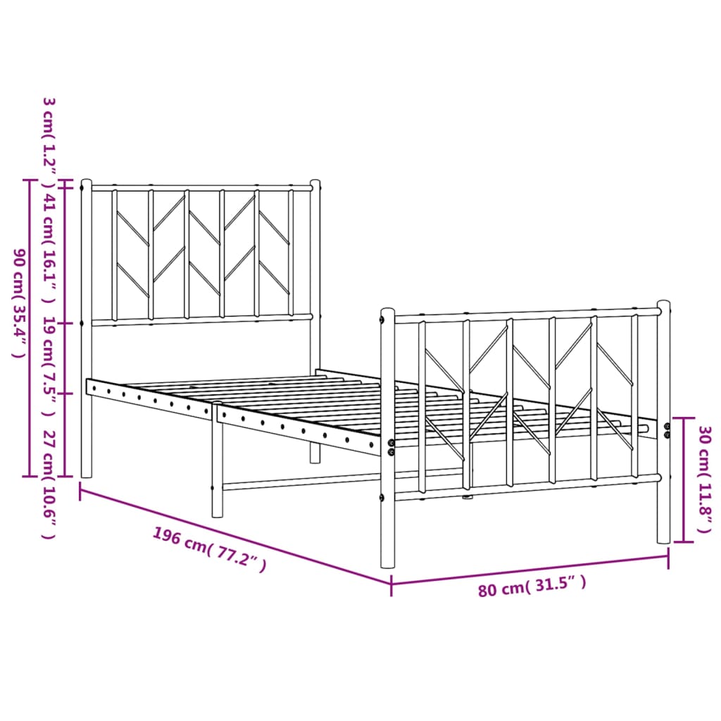 Cadre de lit métal sans matelas avec pied de lit blanc 75x190cm - XIOS