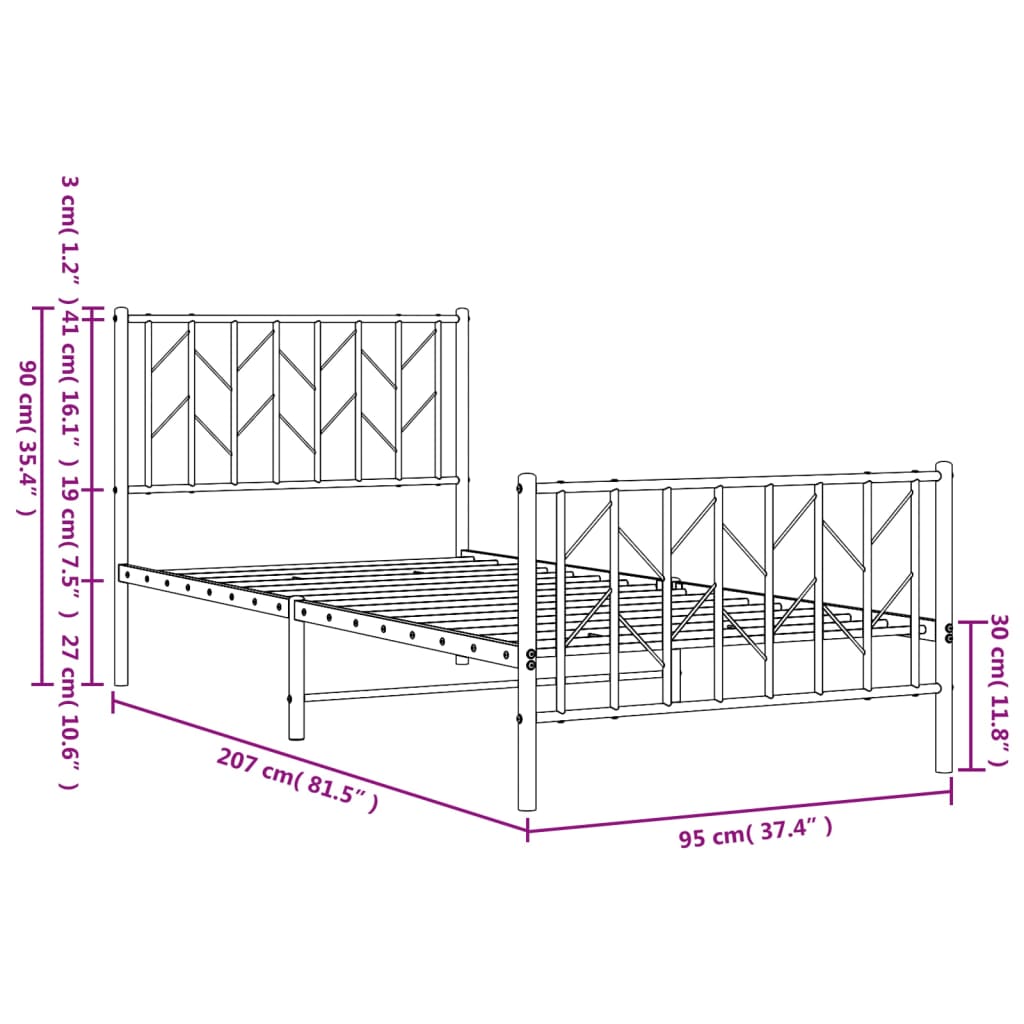 Cadre de lit métal sans matelas avec pied de lit blanc 90x200cm - XIOS