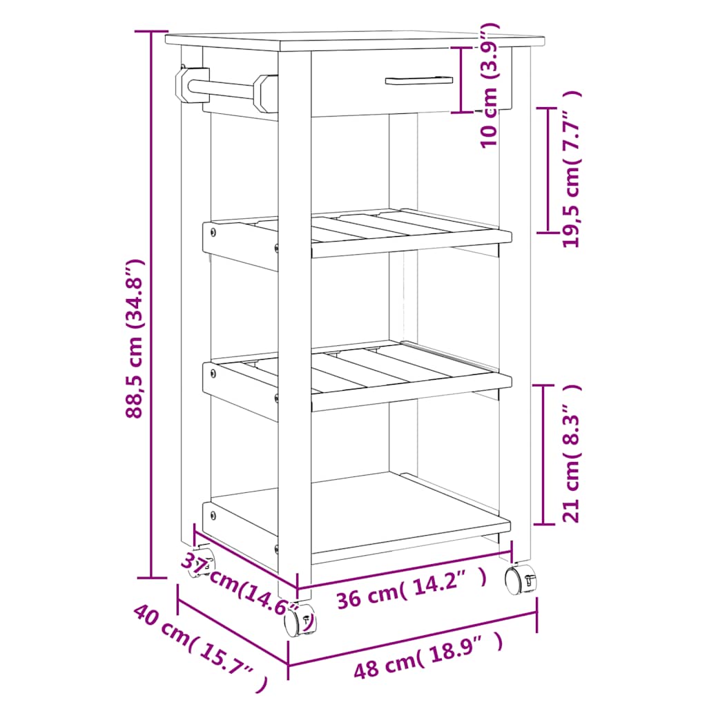 Chariot de cuisine MONZA 48x40x88,5 cm bois massif de pin - XIOS