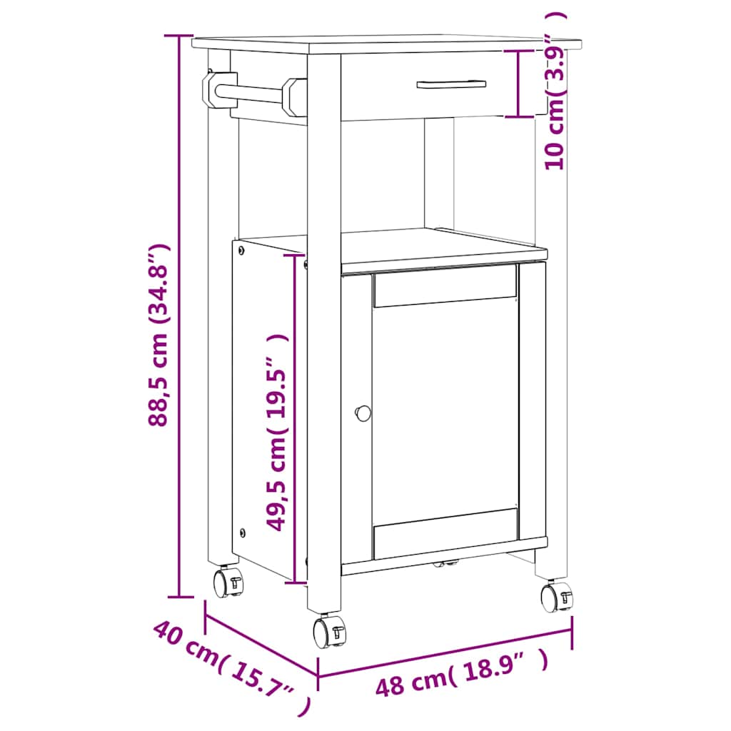 Chariot de cuisine MONZA 48x40x88,5 cm bois massif de pin - XIOS