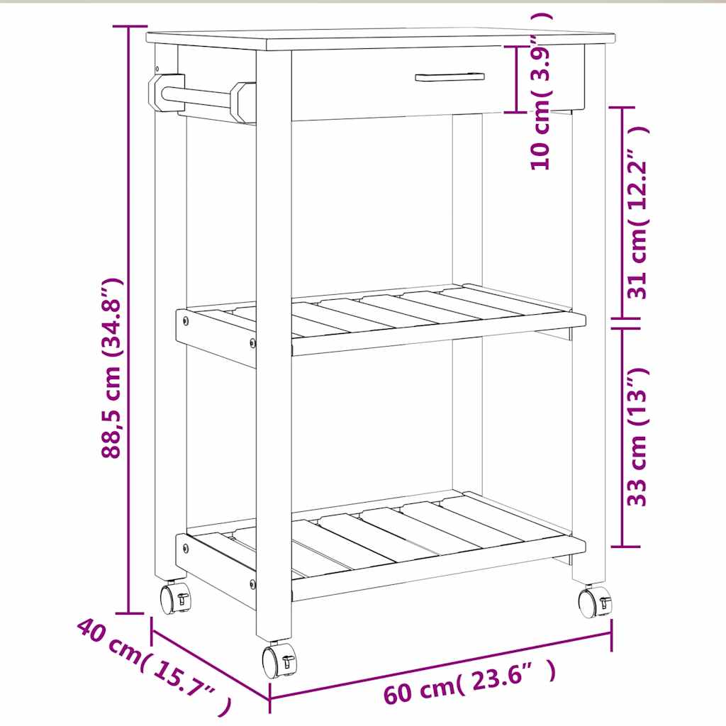 Chariot de cuisine MONZA 60x40x88,5 cm bois massif de pin - XIOS