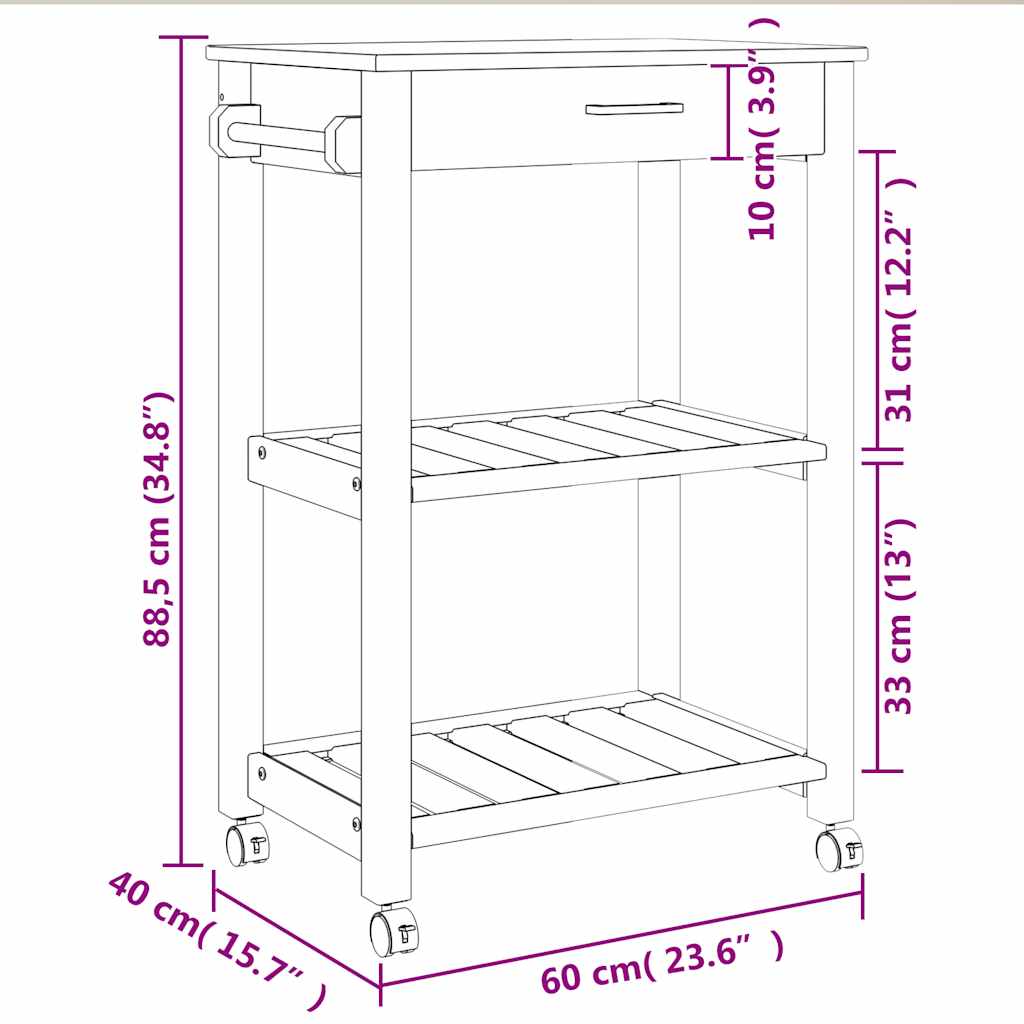 Chariot de cuisine MONZA 60x40x88,5 cm bois massif de pin - XIOS