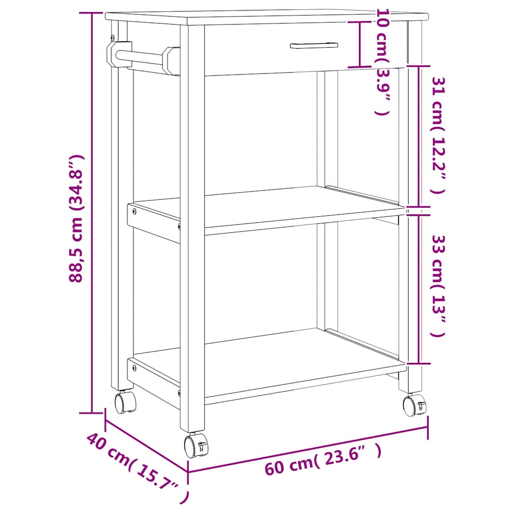Chariot de cuisine MONZA 60x40x88,5 cm bois massif de pin - XIOS