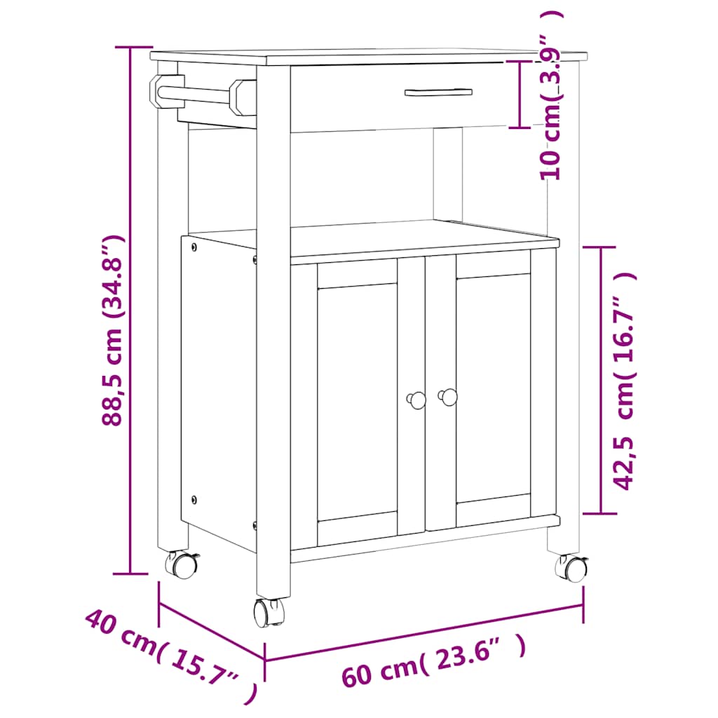Chariot de cuisine MONZA 60x40x88,5 cm bois massif de pin - XIOS