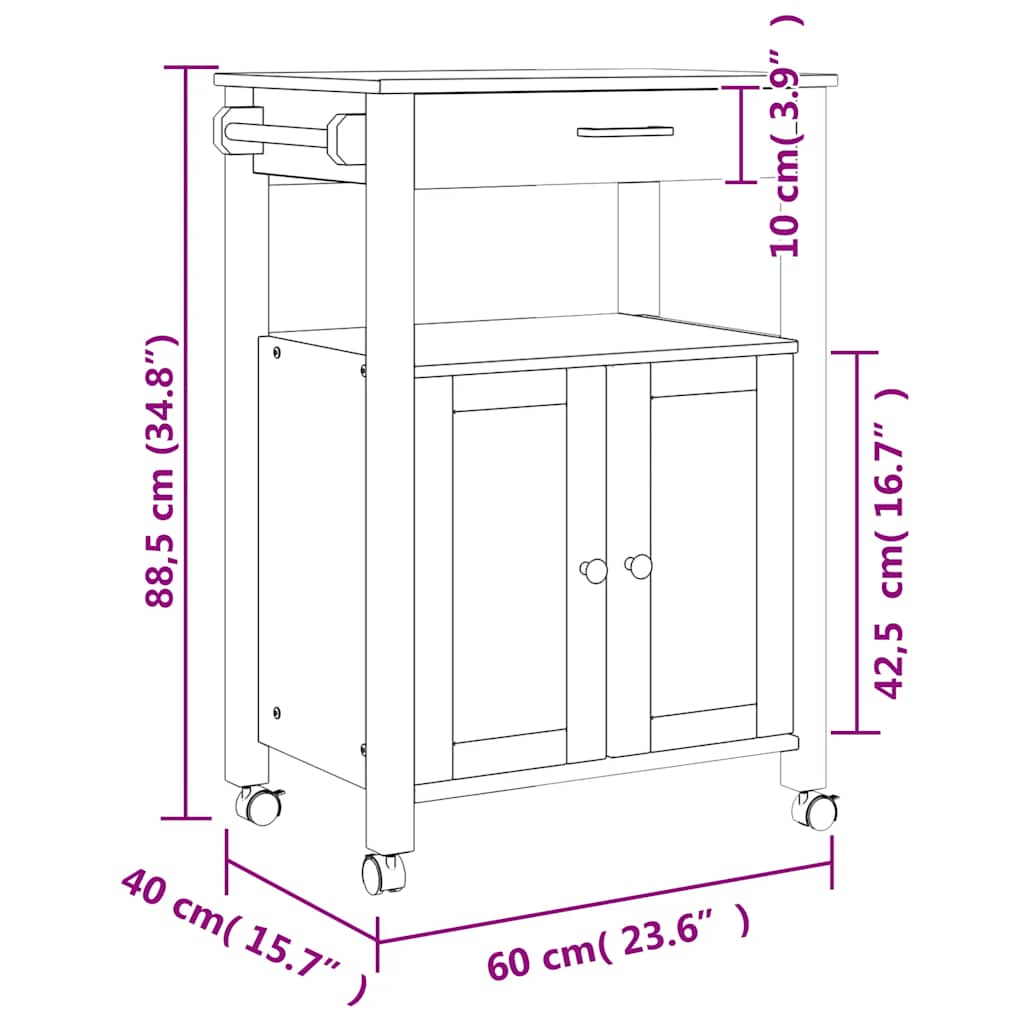 Chariot de cuisine MONZA 60x40x88,5 cm bois massif de pin - XIOS
