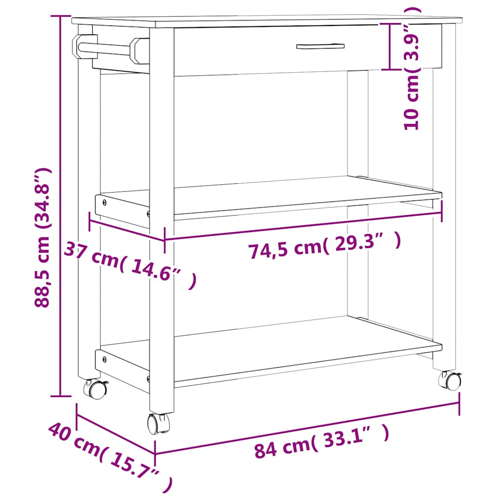Chariot de cuisine MONZA 84x40x88,5 cm bois massif de pin - XIOS