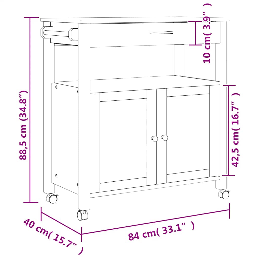 Chariot de cuisine MONZA 84x40x88,5 cm bois massif de pin - XIOS