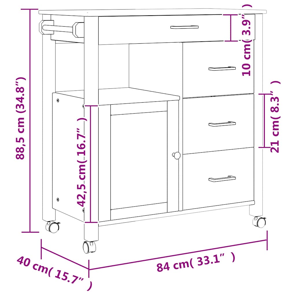 Chariot de cuisine MONZA 84x40x88,5 cm cire de miel bois massif de pin