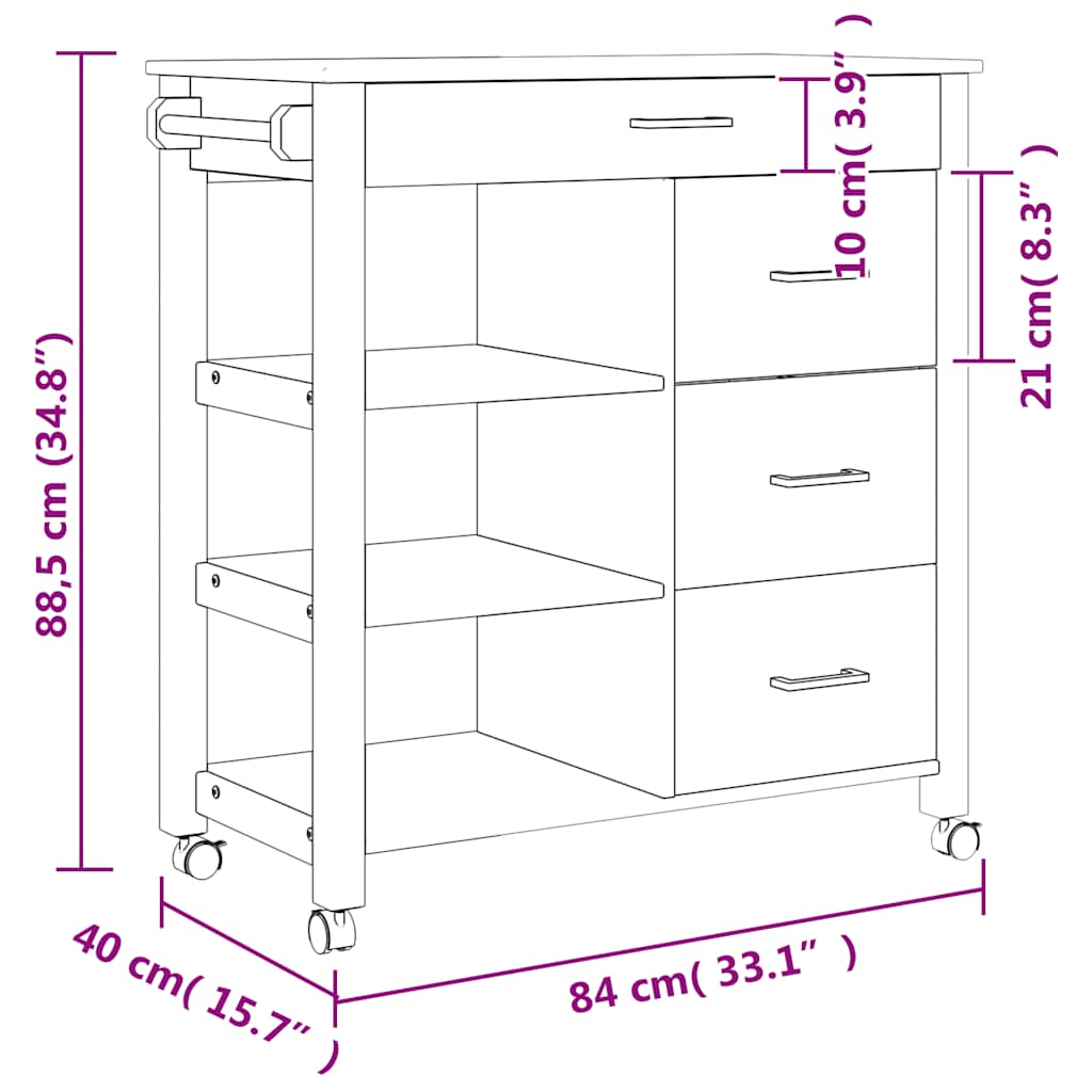 Chariot de cuisine MONZA 84x40x88,5 cm bois massif de pin - XIOS