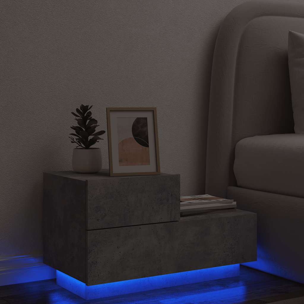Table de chevet avec lumières LED gris béton 70x36x40,5 cm
