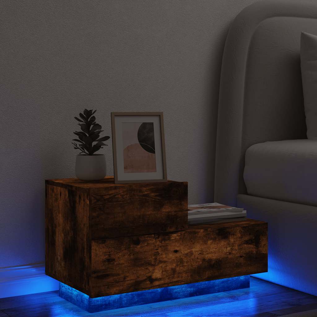 Table de chevet avec lumières LED chêne fumé 70x36x40,5 cm - XIOS