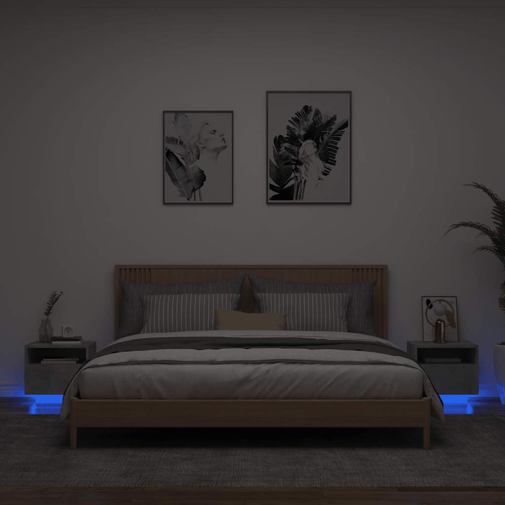 Armoires de chevet avec lumières LED 2 pcs gris béton