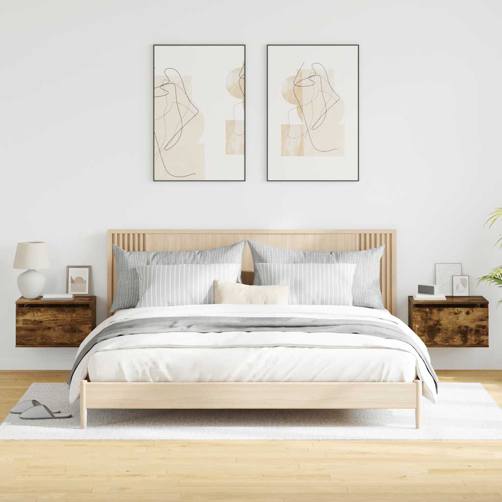 Tables de chevet murales avec lumières LED 2 pcs chêne fumé - XIOS