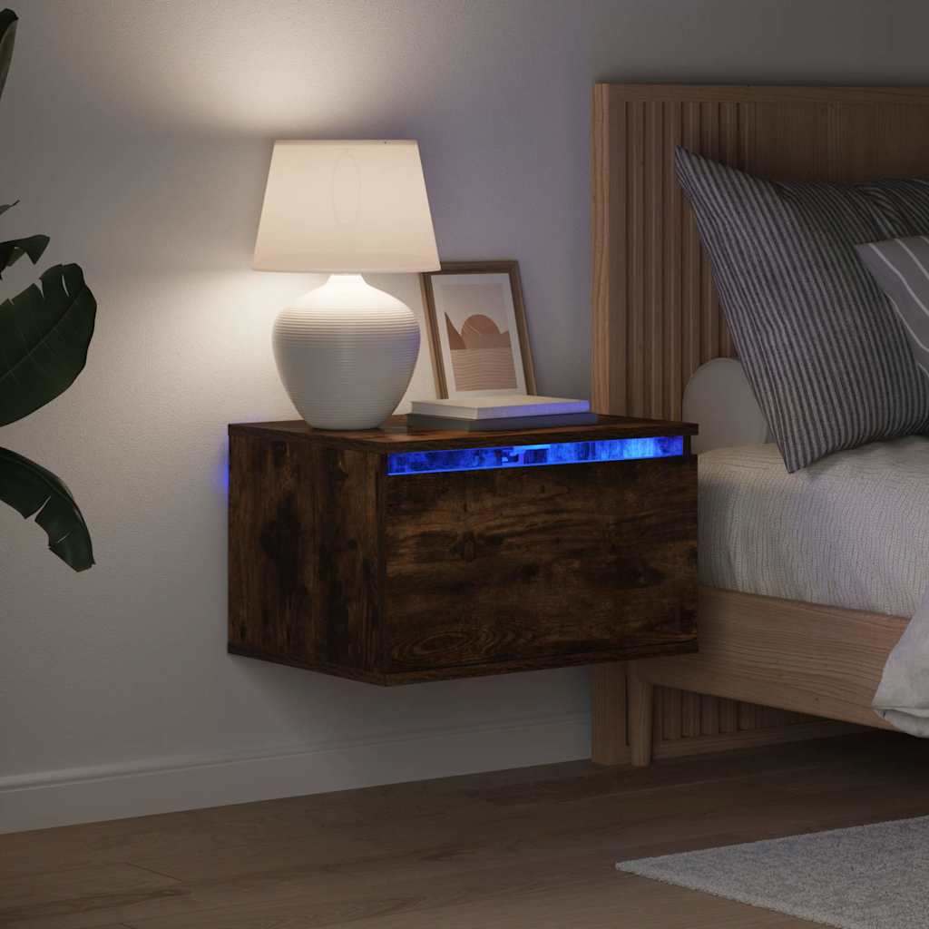 Tables de chevet murales avec lumières LED 2 pcs chêne fumé - XIOS