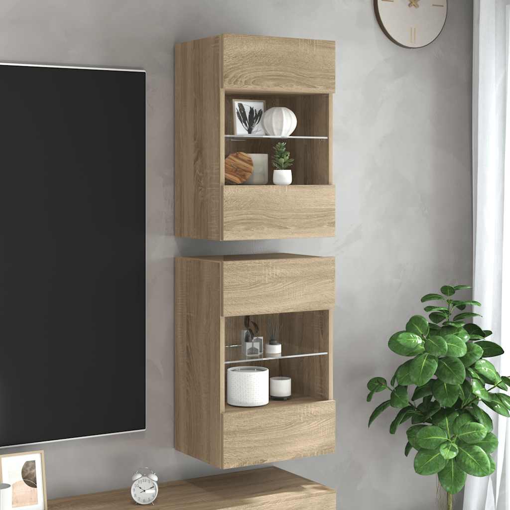 Meubles muraux avec lumières LED pour TV 2 pcs chêne sonoma 40x30x60,5 cm - XIOS