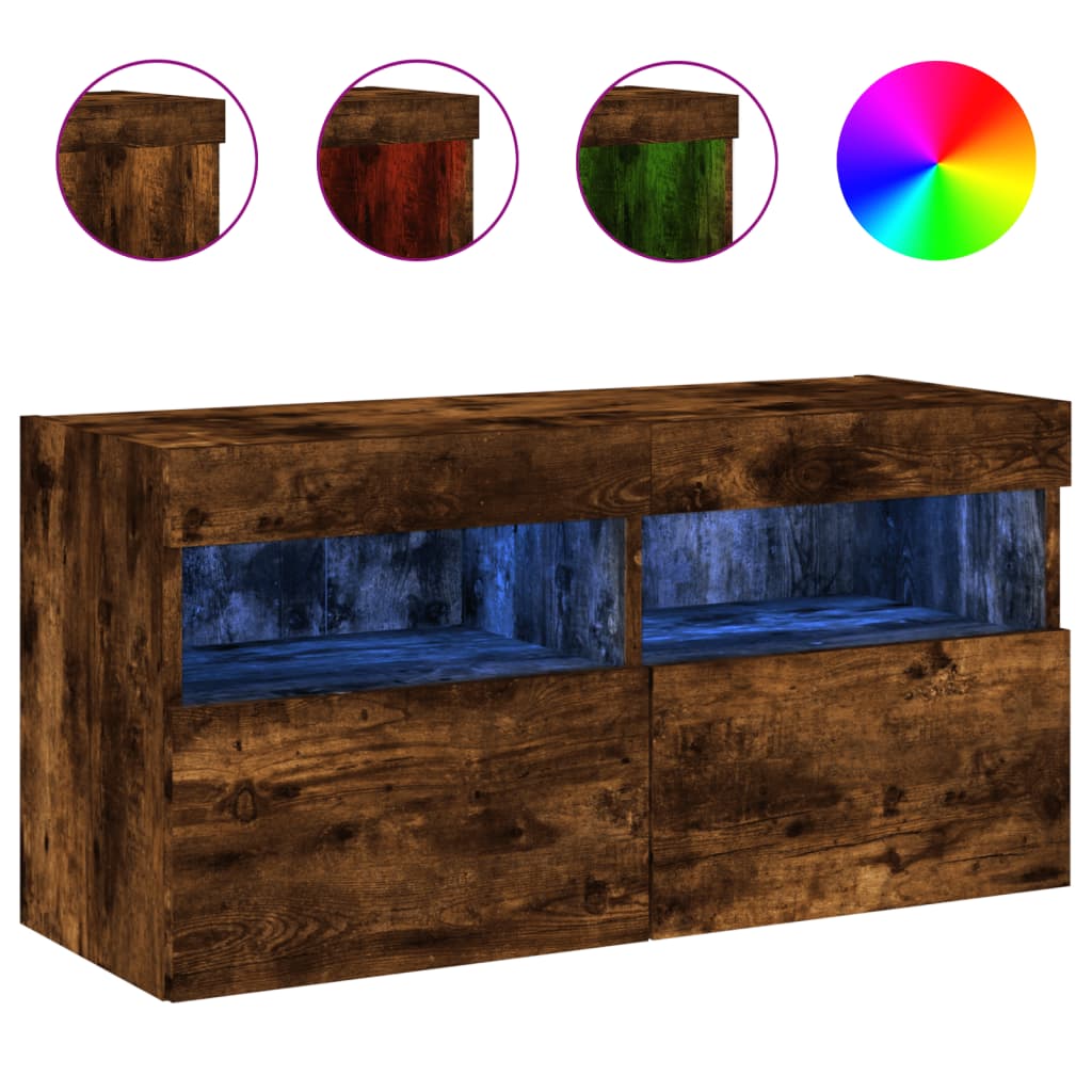 Meuble TV mural avec lumières LED chêne fumé 80x30x40 cm - XIOS