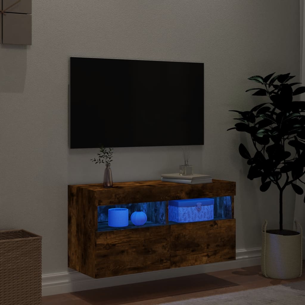 Meuble TV mural avec lumières LED chêne fumé 80x30x40 cm - XIOS